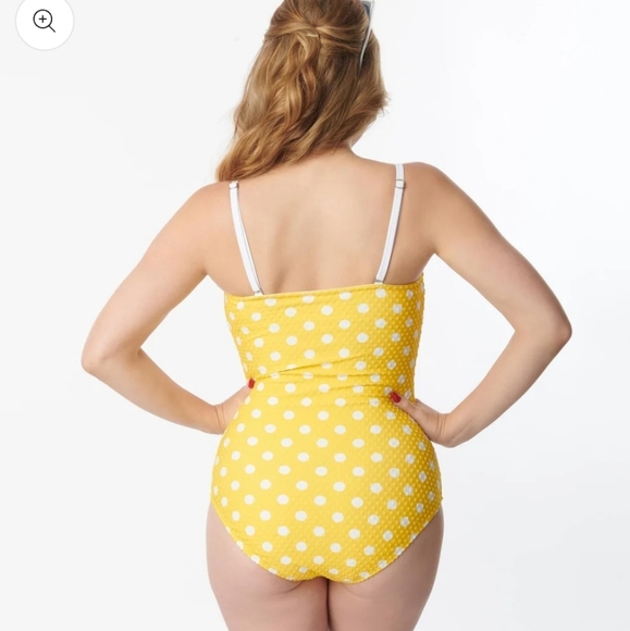 Unique Vintage Barbara One Piece Swimsuit 3X Yellow White Polka Dot Retro Pinup - Picture 3 of 14